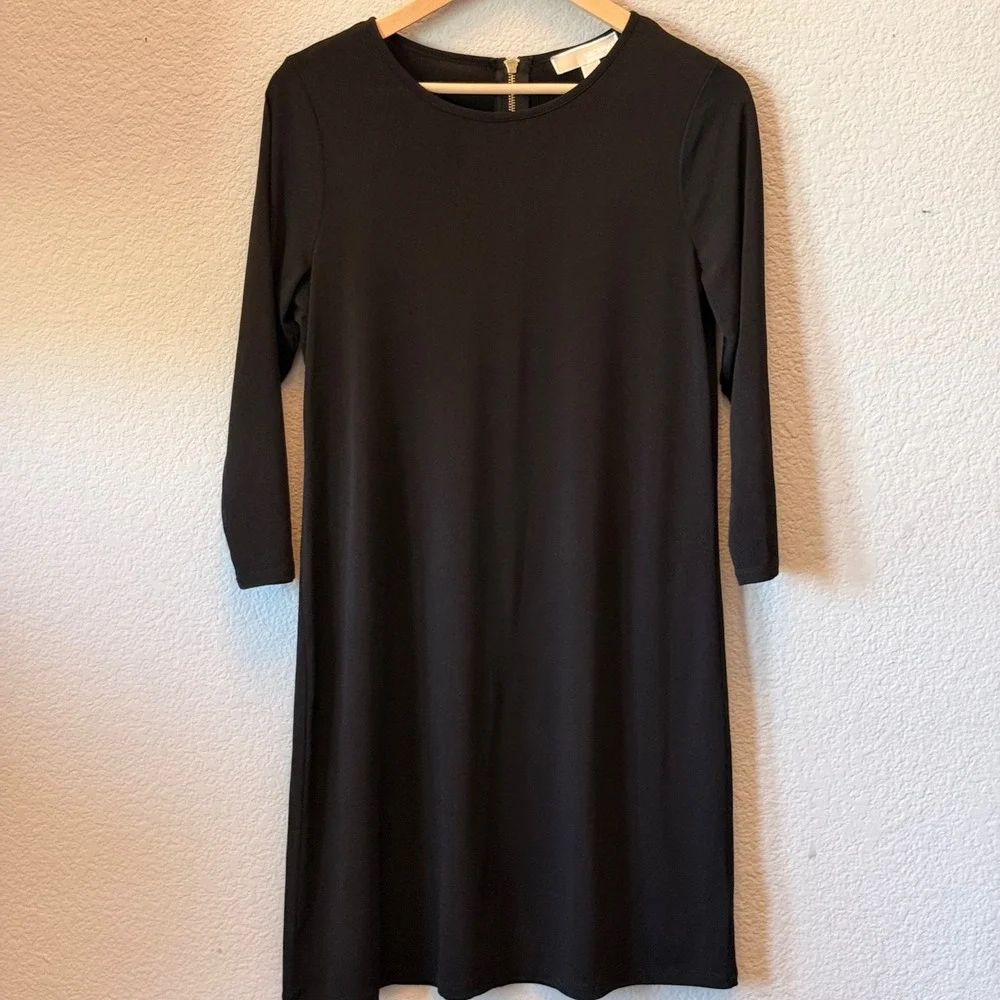 Michael Kors Shift Dress Long Sleeve Womens Black M Gold Back Zip NWT